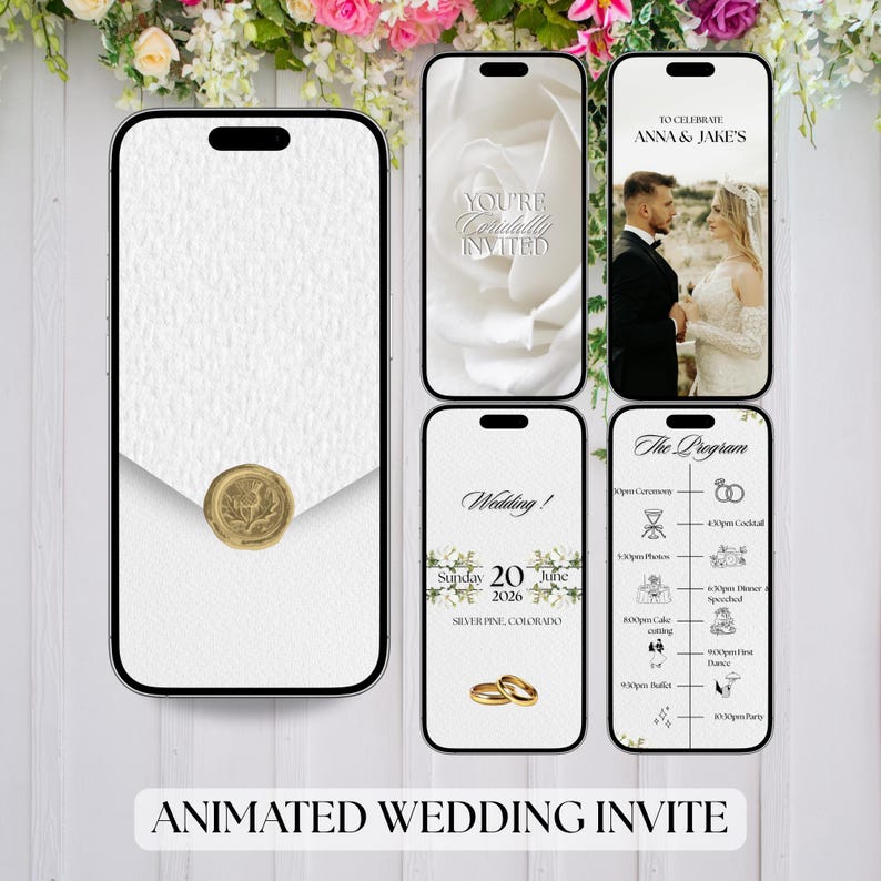 White Roses Elegant Wedding Video Invitation – Editable Animated Canva Template – Black and White Neutral Digital Wedding Invite