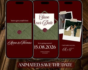 May include: Three smartphone screens displaying a digital save the date announcement with a deep red background. The design features a textured green envelope with a wax seal, the text "You've got a mail from Anna & Thomas", "Save our Date", "15.08.2026", and a photo of a couple.