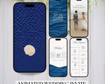 May include: Animated wedding invite featuring a navy blue background with a seashell design. The invite includes a series of screens with wedding details, including the names "Anna & Jake", date, and program. The text "You're Cordially Invited" is also displayed.