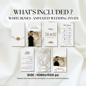 White Roses Elegant Wedding Video Invitation – Editable Animated Canva Template – Black and White Neutral Digital Wedding Invite