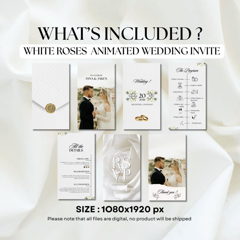White Roses Elegant Wedding Video Invitation – Editable Animated Canva Template – Black and White Neutral Digital Wedding Invite