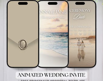 Beach Video Wedding Invitation Template - Customizable Animated Template Editable in Canva - Sand and Ocean Wedding Invite
