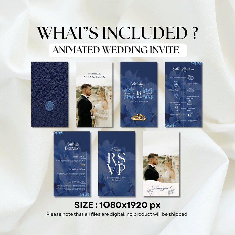May include: An animated wedding invite set with navy blue and white elements. The set includes various cards with text such as "What's Included?", "Wedding!", "RSVP", and "Thank you!" The size is 1080x1920 px.