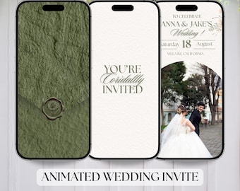 May include: Three smartphone screens displaying wedding invitation designs. One shows a textured olive green envelope with a wax seal. Another has the text "You're Cordially Invited." The third features a photo of a couple and wedding details.