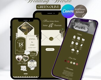 May include: Three smartphones displaying a wedding website design. The design features a green olive color scheme with wedding details, RSVP information, and the text "Wedding Website". The design includes the text "Emma & Jake" and "Anna & Thomas".