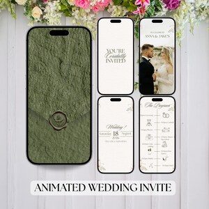 Peut inclure: Une invitation de mariage animée affichée sur plusieurs smartphones. L'invitation comprend une enveloppe verte texturée, les détails du mariage et des photos du couple. Le texte "YOU'RE Cordially INVITED" est visible. Le bas de l'image indique "ANIMATED WEDDING INVITE."