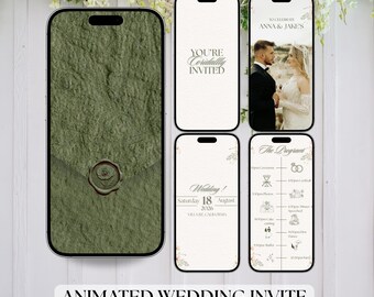 May include: An animated wedding invite displayed on several smartphones. The invite includes a green textured envelope, wedding details, and photos of the couple. The text "YOU'RE Cordially INVITED" is visible. The bottom of the image reads "ANIMATED WEDDING INVITE."