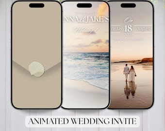 May include: Animated wedding invite displayed on three smartphones. The first phone shows a beige background with a seashell design. The second phone displays a beach scene with text. The third phone shows a couple on a beach. Text at the bottom reads "ANIMATED WEDDING INVITE."