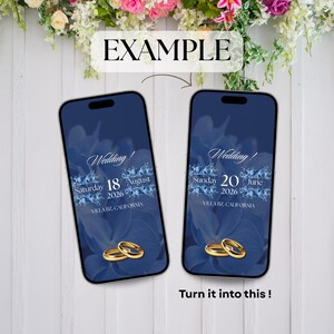 May include: Two smartphones displaying wedding invitation designs. The screens feature a navy blue floral background with gold wedding rings at the bottom. The text reads "Wedding!" with the date and location. The top of the image says "EXAMPLE".