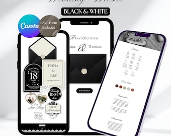 May include: A black and white wedding website design displayed on three smartphones. The design includes wedding details, RSVP information, and a love letter. The Canva logo and "RSVP Form Included" are also visible.