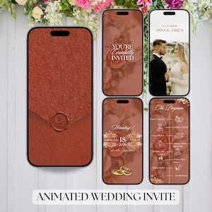 Peut inclure: Plusieurs modèles d'invitations de mariage animées affichées sur des smartphones. Les invitations présentent des arrière-plans floraux, des détails de mariage et des photos du couple. Un téléphone affiche un étui marron avec un sceau. Le texte "YOU'RE Cordially INVITED" est visible.