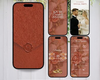 May include: A collection of animated wedding invite designs displayed on smartphones. The invites feature floral backgrounds, wedding details, and photos of the couple. One phone shows a brown case with a seal. The text "YOU'RE Cordially INVITED" is visible.