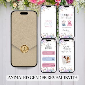 Gender Reveal Invite - He or She Gender Reveal Animated Invitation - Editable Blue or Pink Baby Party Digital Video - Cute Baby Shower Canva