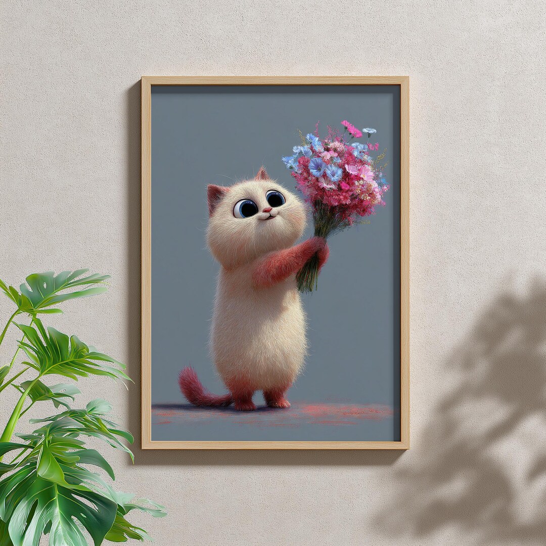Fluffy Cat Holding Flowers Art Print, Whimsical Kitten Nursery Decor ...