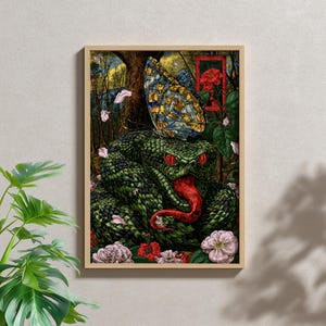 Gothic Snake Butterfly Wall Art, Dark Botanical Fantasy Poster (Digital Download)