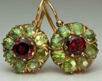 Pendientes colgantes de aro florales estilo bohemio vintage para mujer - Circonita sintética verde y roja con engastes dorados, ligeros