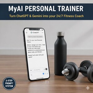 Może przedstawiać: Smartfon z interfejsem ChatGPT, czarna butelka na wodę i dwie hantle na drewnianej powierzchni. Ekran telefonu wyświetla tekst o trenerze personalnym. Obraz zawiera tekst "MyAI PERSONAL TRAINER" i "3-STEP PROMPT SYSTEM".