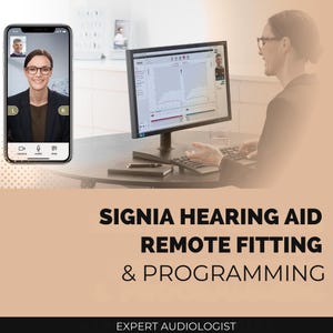 Könnte beinhalten: Eine Frau mit Brille und Blazer nutzt einen Computer und ein Smartphone für einen Videoanruf. Der Bildschirm zeigt Datenanalysen. Text: SIGNIA HEARING AID REMOTE FITTING & PROGRAMMING. Experte für Audiologie.