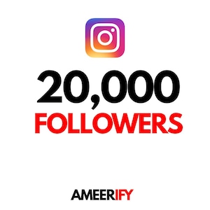 Könnte beinhalten: Instagram-Logo mit einem Farbverlauf aus Orange, Rosa und Lila über dem Text "20.000 FOLLOWERS" in Schwarz und Rot. Das Wort "AMEERIFY" steht unten in Schwarz.
