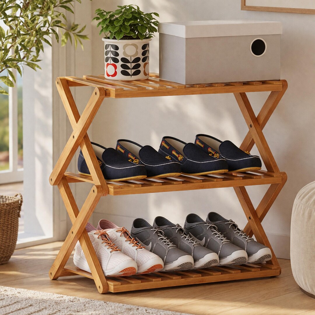 Modern Bamboo Z Shape Shoe Rack, Foldable Wooden Shoe Organizer ...