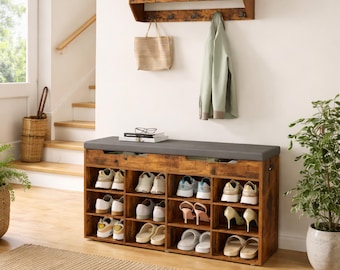 Ławka na buty z miejscem do przechowywania i siedziskiem z poduszką, drewniany organizer na buty z 12 przegródkami, szafka na buty do przedpokoju