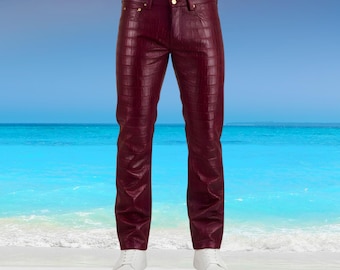 Herren Burgunder Krokodilmuster Lederhose, Slim Fit Streetwear Hose