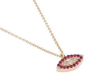 14K Solid Gold Eye Ruby Stone Necklace