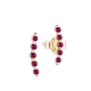 14k Solid Gold Five Stone Ruby Linear Earrings, July Birthstone Studs