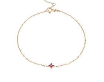 14K Solid Gold Flower Ruby Stone Bracelet