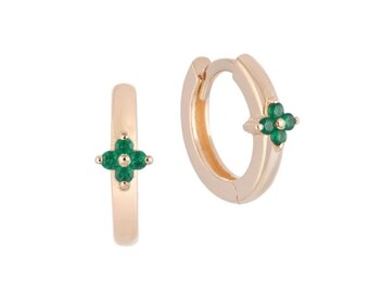 14K Solid Gold Emerald Flower Hoop Earrings, Natural Gemstone Daisy Huggies