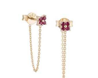 14k Solid Gold Ruby Flower Earrings