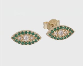 14k Solid Gold Emerald Evil Eye Stud Earrings, Modern Nazar Protection Jewelry