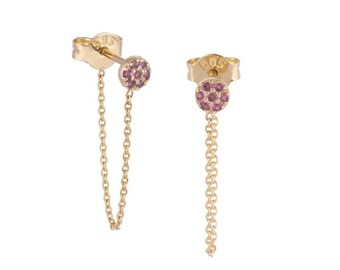 14k Solid Gold Round Ruby Chain Earrings