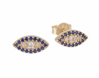 Pendientes de zafiro con ojo turco en oro macizo de 14k