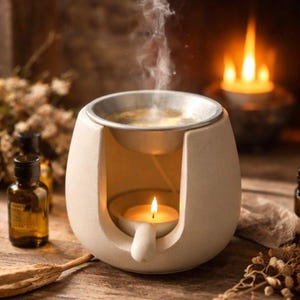 以下が含まれることがあります： ベージュのセラミック製アロマディフューザー。中に火の灯ったキャンドルが入っています。ディフューザーの上部には金属製のボウルがあり、そこから蒸気が出ています。近くには小さな茶色のオイルボトルと乾燥した植物が見えます。