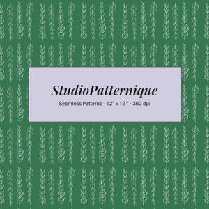 May include: A seamless pattern design featuring white leaf-like illustrations on a green background. The design includes the text "StudioPatternique" and "Seamless Patterns - 12" x 12" - 300 dpi" on a light purple rectangle.