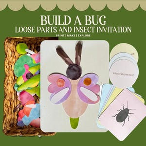 May include: An educational set with the text "BUILD A BUG" and "LOOSE PARTS AND INSECT INVITATION". Includes a woven basket with colorful cutouts, insect-themed cards, and a butterfly illustration. The set encourages exploration and creativity.