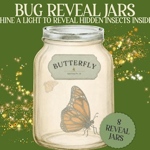 Puede incluir: Un tarro de cristal transparente con una ilustración de mariposa y el texto "BUG REVEAL JARS". El tarro tiene una etiqueta que dice "BUTTERFLY". El fondo es verde con brillos dorados. Un círculo verde dice "8 REVEAL JARS".