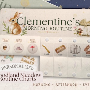 Może przedstawiać: Beżowa tablica rutynowa z napisem Clementine's Morning Routine oraz ilustracją królika i grzyba. Zawiera interaktywne klapki z ikonami zadań, takich jak mycie zębów, czesanie włosów, pakowanie torby i zakładanie butów, oraz etykiety z nagrodami.