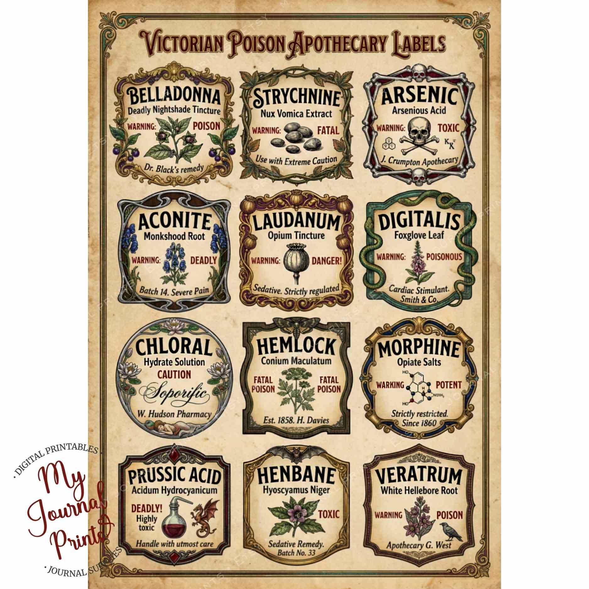 Poison Help Label Vintage Poison Labels – Printable Apothecary Labels, Junk Journal Kit ...