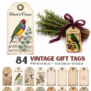 Etiquetas de regalo vintage con diseño de pájaros a doble cara • Set de elementos decorativos imprimibles • Descarga en formato A4