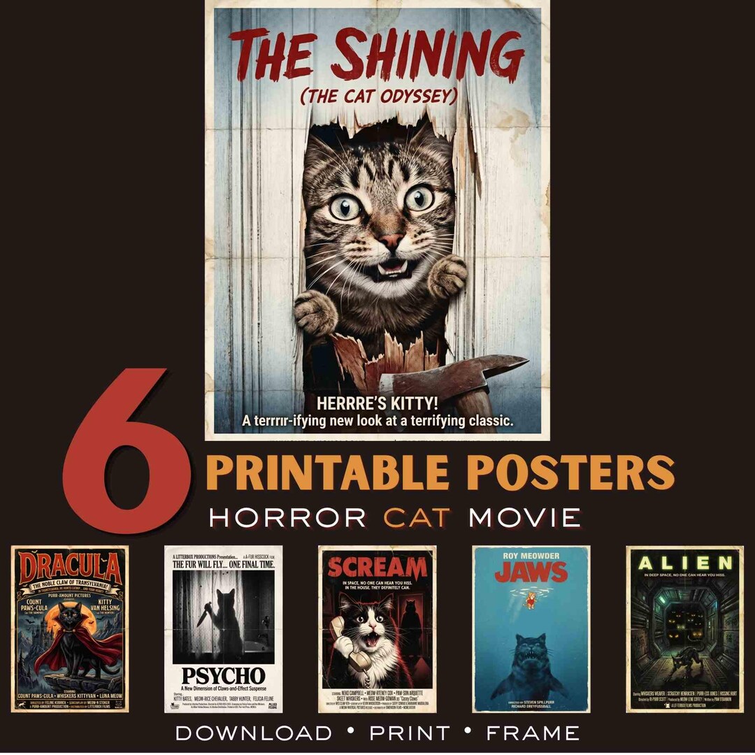 Vintage Cat Poster Printable – Funny Horror Retro Movie Wall Art Set ...