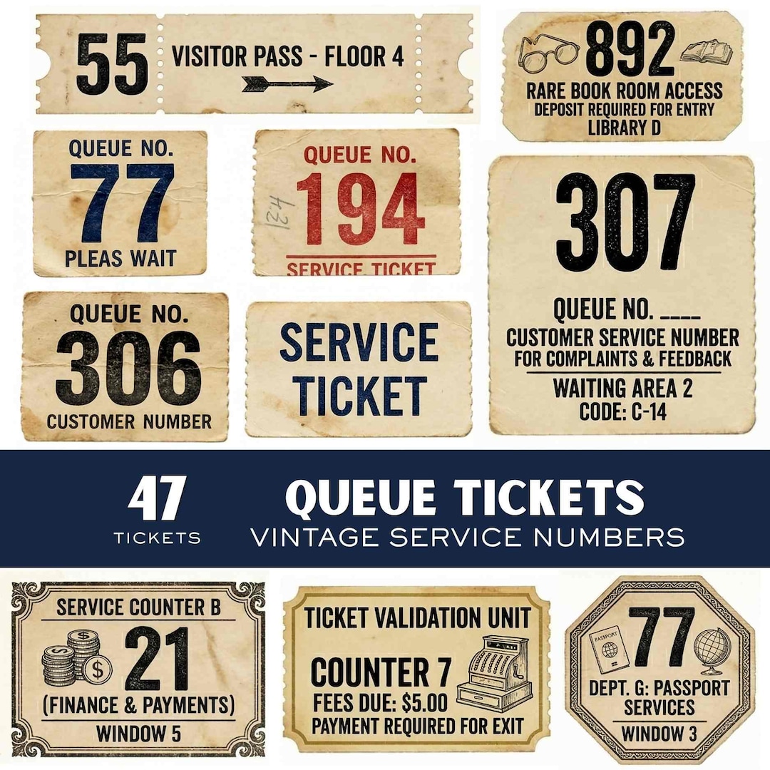 Vintage Ticket Ephemera Printable – Service Number, Queue Tickets ...