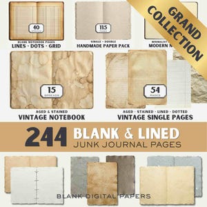 MEGA BUNDLE: Junk Journal Base Pages – 244 Printable Blank, Lined Vintage Paper Pack, Neutral Notebook, Commercial Use