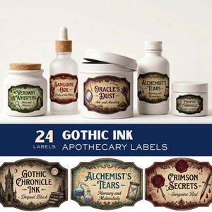 Etiquetas de boticario con tinta gótica – Kit de efímeros imprimibles de estilo Dark Academia – Páginas para diario de brujería (descarga digital)