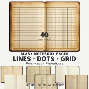 Junk Journal Kit, Vintage Notebook Pages, Lines Dots Grid (Printable, Procreate)