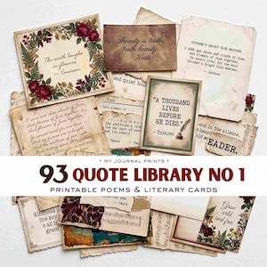 Può includere: Una collezione di cartoncini rettangolari con citazioni letterarie, poesie e illustrazioni floreali. Le carte presentano texture di carta invecchiata, color bianco sporco e seppia con vari caratteri tipografici e bordi decorativi.