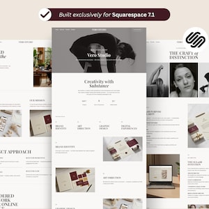 Puede incluir: Un diseño de sitio web con una estética minimalista y limpia. El diseño presenta un fondo beige claro con secciones para texto e imágenes. El texto incluye "Vero Studio". El logotipo de Squarespace 7.1 es visible.