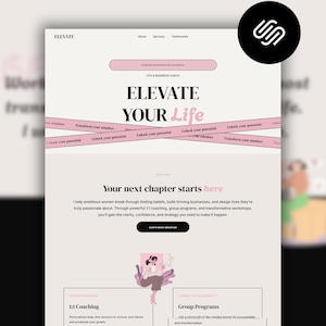 Könnte beinhalten: Webdesign in Hellrosa und Weiß. Der Text lautet "ELEVATE YOUR Life", mit Informationen zu Coaching und Gruppenprogrammen. Ein schwarzes kreisförmiges Logo befindet sich oben rechts im Design.