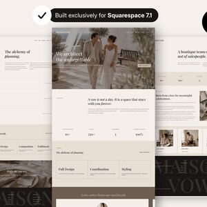 Könnte beinhalten: Ein Website-Template für Squarespace 7.1 mit einer neutralen Farbpalette in Beige- und Dunkelbrauntönen. Das Layout enthält Bereiche für Veranstaltungsplanungsdienste, Fotos eines Paares und Textüberschriften wie Maison Vow.